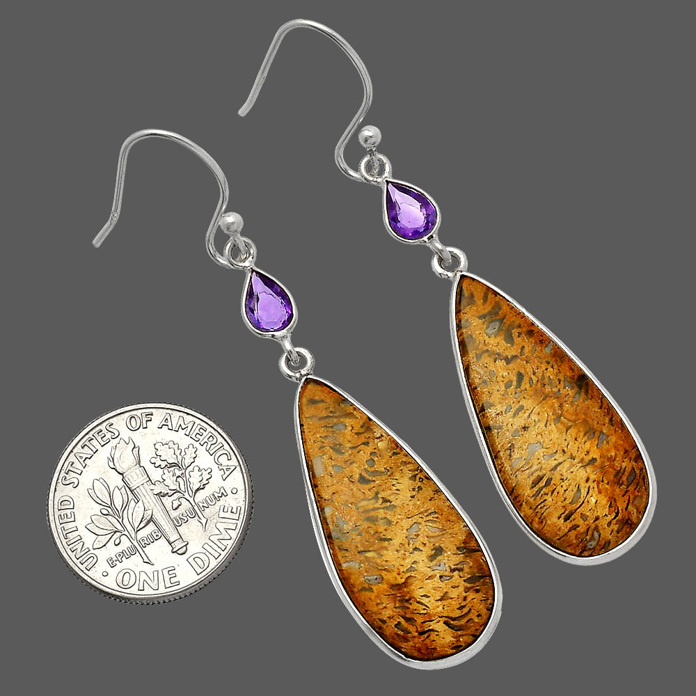 Palm Root Fossil Agate & Amethyst Earrings E-1002 SDE82599
